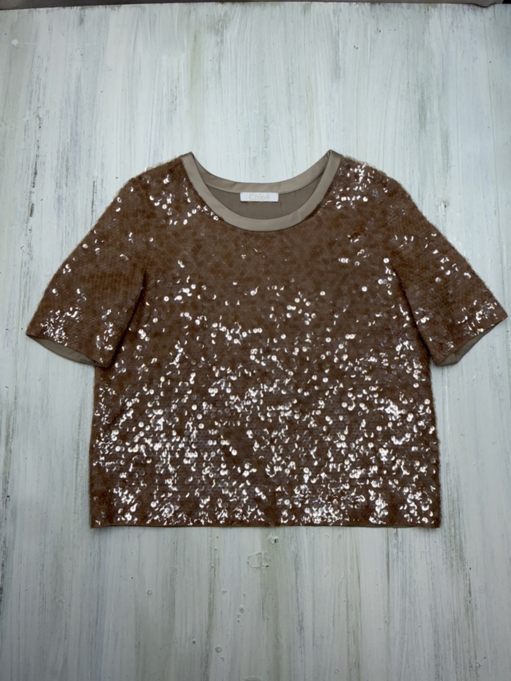 Chloé Beige/Nude Sequin Embellished Tee Sz 40